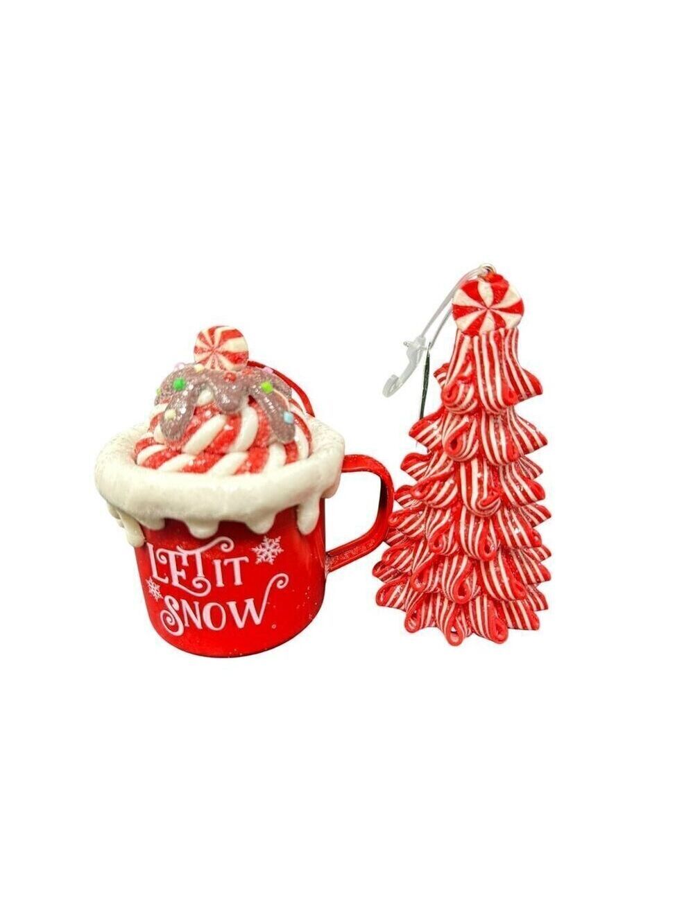Peppermint Tree Cocoa Mug Ornament Set Christmas Holiday Festive Candyland Red